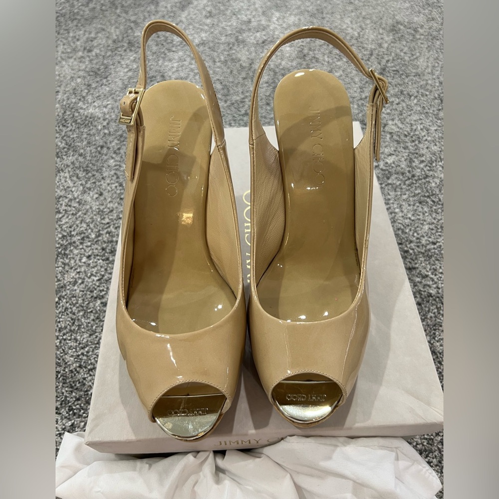 Jimmy Choo Nude Peep-Toe Wedges
